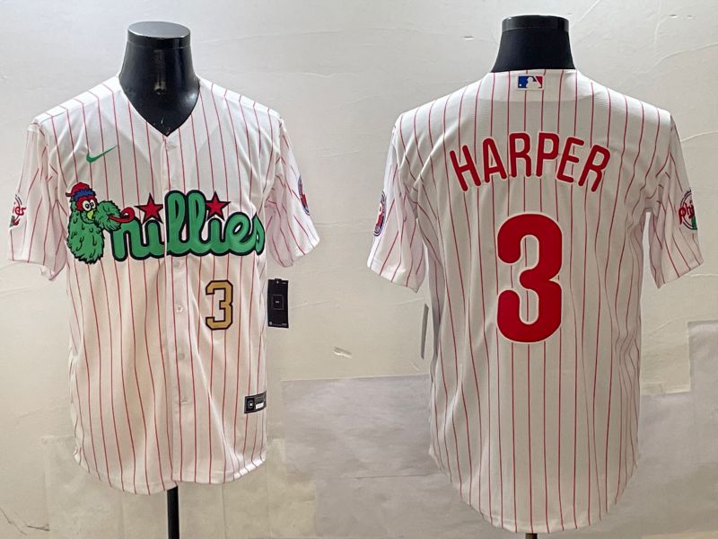 Men Philadelphia Phillies #3 Harper White Stripe Three generations Joint Name Game 2025 Nike MLB Jersey style 2